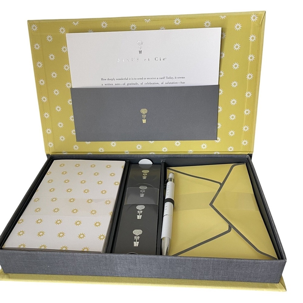 Janus et Cie Stationary Gift Set 25 Cards Envelopes‎ Pen Box Luxury